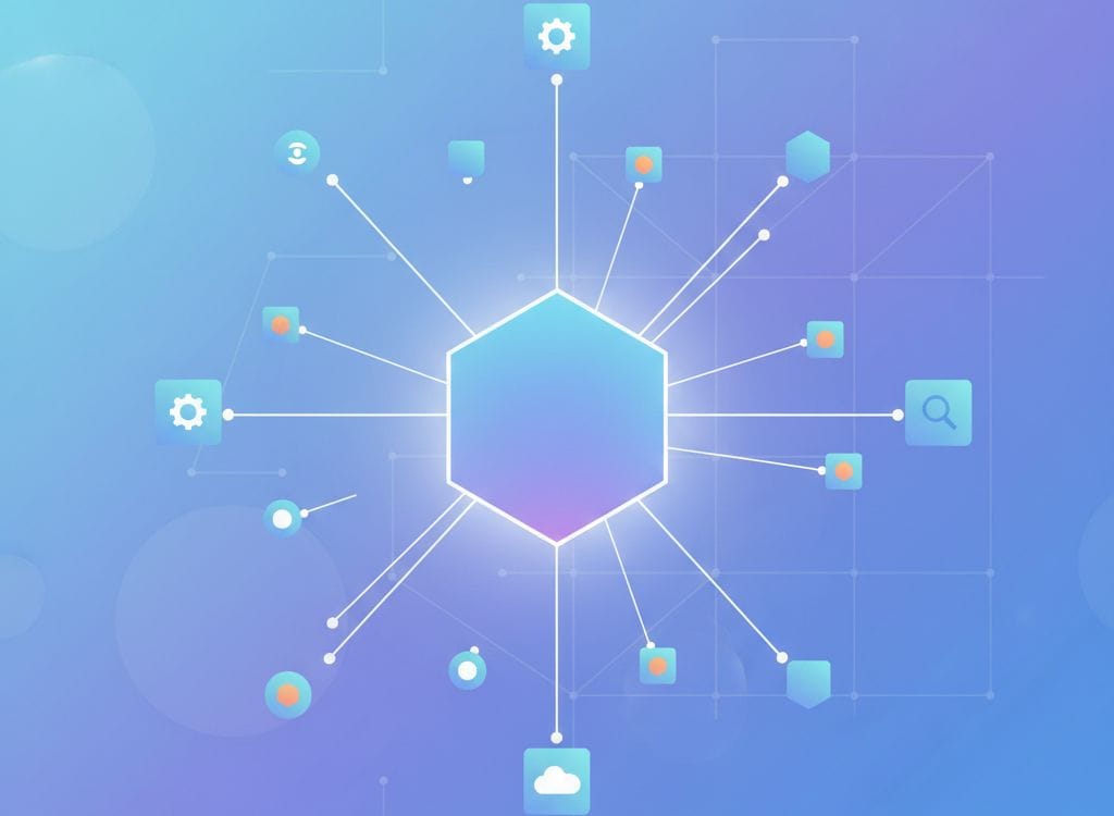 Abstract illustration of the Rankssystem AI Platform with a central AI brain connected to multiple data systems and platforms for AI Visibility.