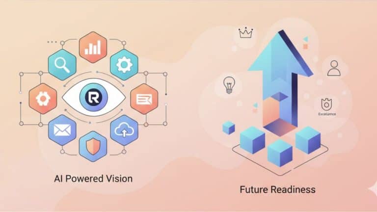 Abstract illustration of AI-powered vision and AI visibility, showing an intelligent eye linked to systems and an upward arrow for growth.