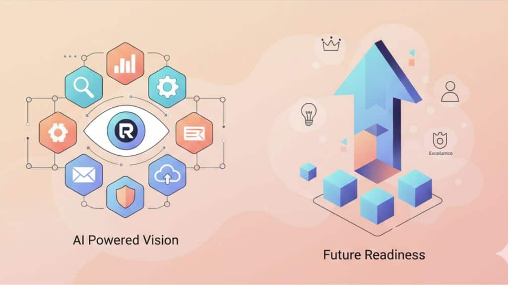Abstract illustration of AI-powered vision and AI visibility, showing an intelligent eye linked to systems and an upward arrow for growth.
