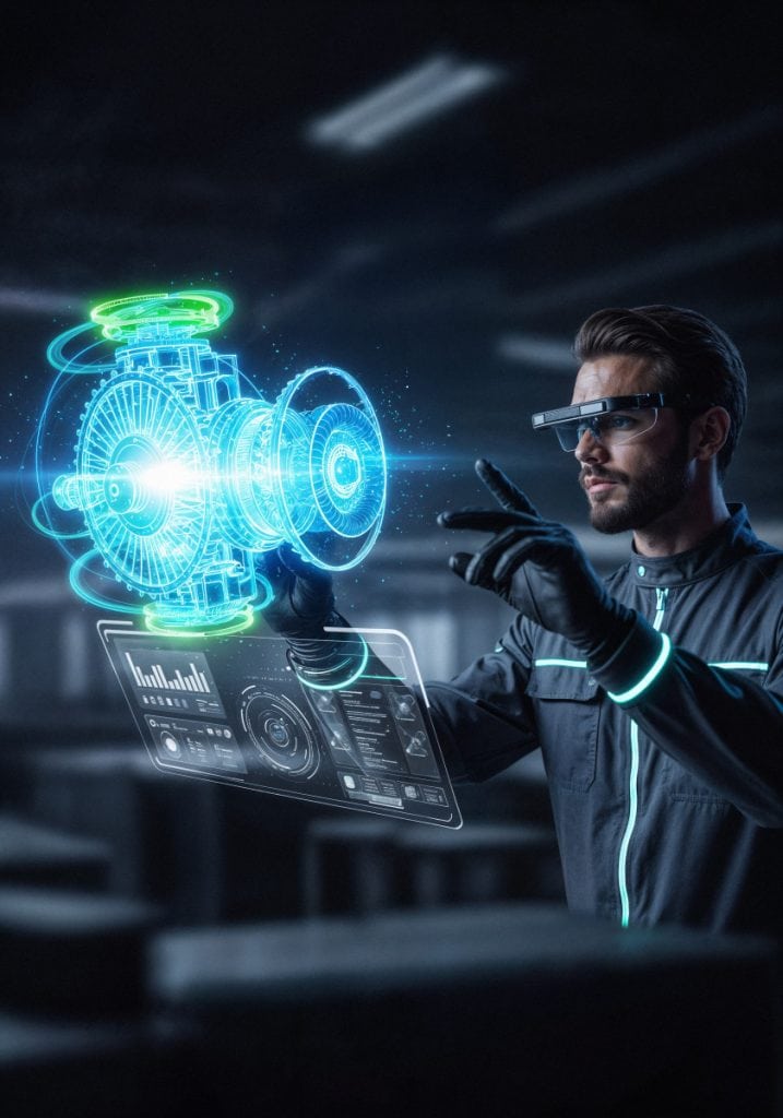 Engineer examining holographic AI machine interface